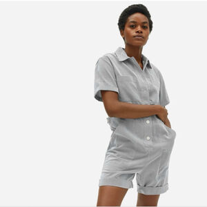 Everlane The Cotton Weave Romper Striped Short Sleeve Size 6 Blue White